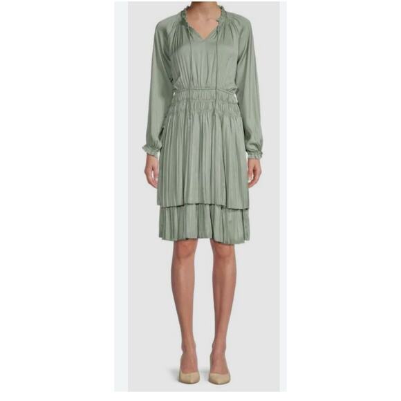 Tahari Women's Green Split Neck Tiered Long Sleeve A-Line Dress Size Small 1961 - Picture 1 of 8